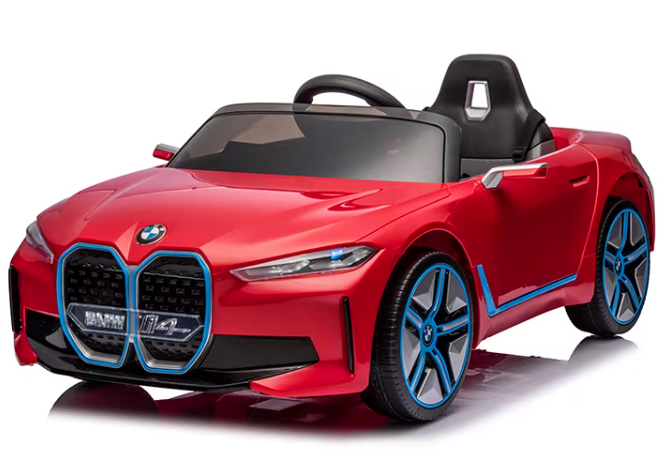 BMW i4 červené auto s EVA batériou a koženým diaľkovým ovládaním