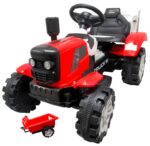 Červený traktor C2 na batérie s prívesom.