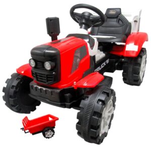 Červený traktor C2 na batérie s prívesom.